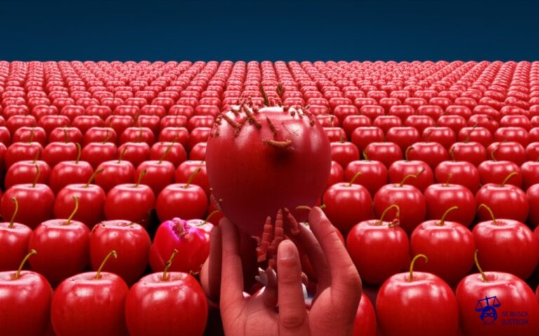 Un puñado de gusanos hambrientos (el artista) mordisqueando con avidez una manzana (el mural original). De repente, la manzana es reemplazada por una pila enorme de manzanas idénticas y brillantes (los pósteres y postales) que se extienden hasta el horizonte, mientras los gusanos siguen mordisqueando la nada. Representa: Un artista callejero descubre que una de sus obras en un muro ha sido fotografiada y reproducida en pósteres y postales que se venden en tiendas de souvenirs, sin su autorización.