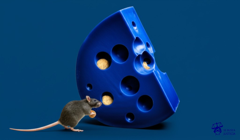 Un gran queso suizo (representando la obra de arte) con agujeros irregulares, siendo mordisqueado por un pequeño ratón (el artista) que intenta desesperadamente tapar los agujeros con migas de pan, mientras una enorme y codiciosa rata (la galería) se atiborra de queso en un festín, ignorando al ratón. Representa: Un artista plástico demanda a una galería de arte por vender reproducciones de su obra más famosa sin su consentimiento, infringiendo sus derechos de autor y los derechos de reproducción de la obra.