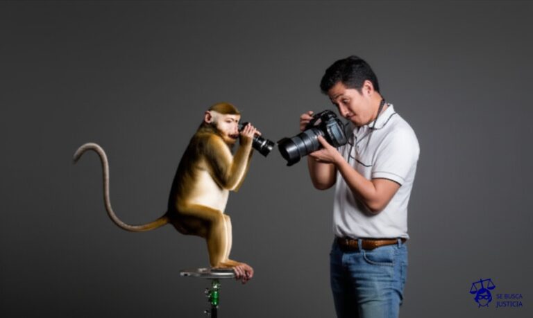 Un mono con una cámara de fotos intentando copiar a un fotógrafo profesional que está posando. El mono lleva una cámara de juguete y está torcido y con una expresión de esfuerzo ridículo. El fotógrafo profesional sonríe con desdén. Representa: Un autor de un blog de viajes acusa a una agencia de viajes de copiar y pegar descripciones completas de sus destinos y rutas, publicándolas en su propio sitio web sin su autorización.