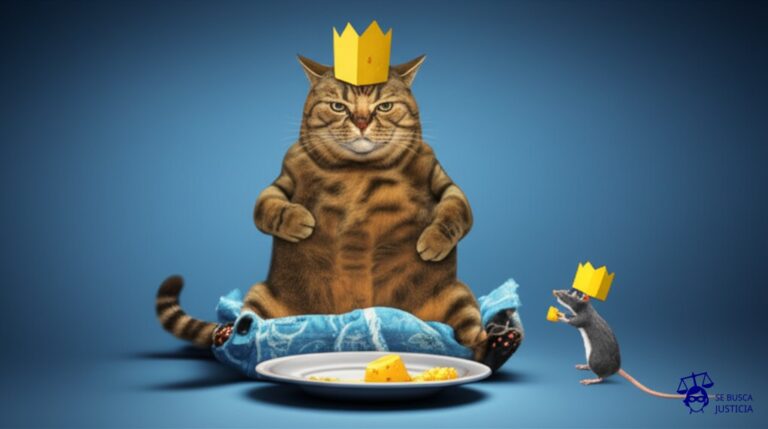 Un gato gordo y satisfecho (la productora) usando una corona de cartón y sentado en un cojín destrozado, mientras que un ratón delgado y asustado (el autor) intenta, inútilmente, quitarle una migaja de queso del plato. Representa: Un autor de una serie de libros juveniles acusa a una productora de haber hecho una película con una trama, personajes y universo muy similares a los de su obra, sin su autorización.