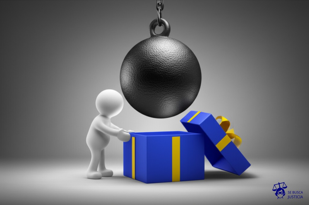 Un hombre (con forma de persona simplificada) abriendo una caja de regalo grande y brillante. Dentro de la caja, en lugar de un regalo, hay una bola de demolición gigante a punto de caer sobre él. Representa: Un comprador de una propiedad con deudas de impuestos no es informado sobre la situación. El comprador se encuentra con la deuda después de cerrar la compra. El comprador reclama una compensación.