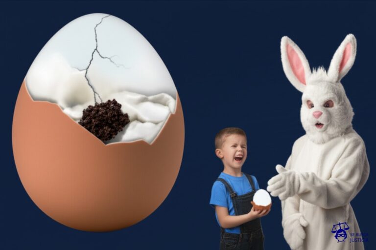 Un huevo de pascua aparentemente perfecto (la propiedad) con una grieta invisible (el vicio oculto). El comprador (un niño) lo recibe emocionado, lo abre y descubre que está podrido. El niño, con una mueca de asco, le exige al vendedor (un conejo de pascua con una sonrisa falsa) un pedazo del huevo de vuelta. Representa: Un comprador de una propiedad con vicios ocultos no es informado por el vendedor. El comprador descubre los vicios después de comprar. El comprador lo demanda por una reducción en el precio.