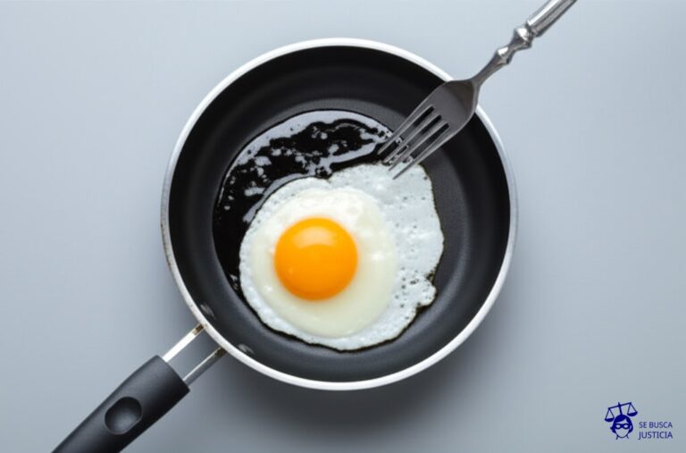 Un huevo frito (el inmueble) quemándose en una sartén (el contrato de obra), con un tenedor (el comprador) intentando desesperadamente sacarlo, pero sin poder tocarlo porque está demasiado caliente. Representa: Un constructor no entrega el inmueble al comprador en el plazo acordado en el contrato de obra. La demora causa graves perjuicios económicos al comprador que no tiene dónde vivir.