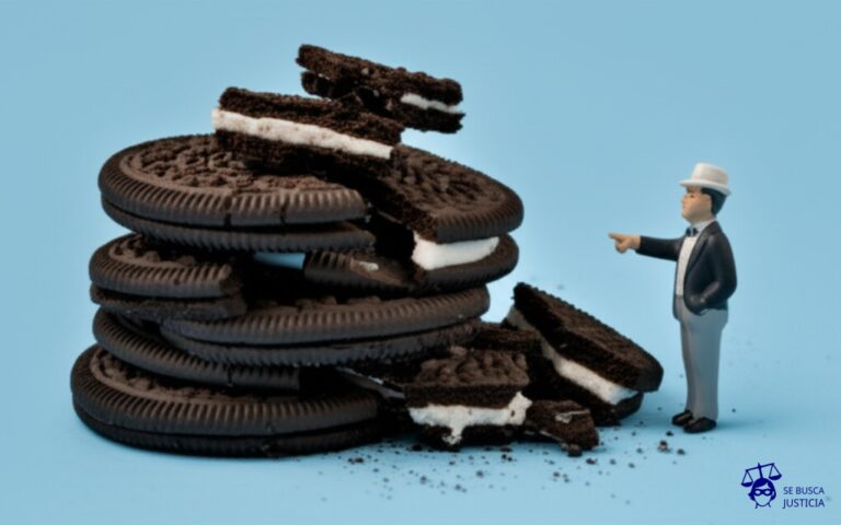 Un pastel de bodas con una base de galletas Oreo rotas y una cobertura agrietada, colapsando sobre sí mismo, con una figura de porcelana (el propietario) señalando con el dedo a un montón de migas (el constructor). Representa: Un constructor utiliza materiales de baja calidad en una obra, lo que genera defectos graves en la estructura de la vivienda. El propietario de la casa exige la reparación de los daños.