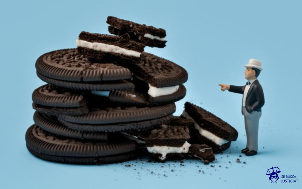 Un pastel de bodas con una base de galletas Oreo rotas y una cobertura agrietada, colapsando sobre sí mismo, con una figura de porcelana (el propietario) señalando con el dedo a un montón de migas (el constructor). Representa: Un constructor utiliza materiales de baja calidad en una obra, lo que genera defectos graves en la estructura de la vivienda. El propietario de la casa exige la reparación de los daños.