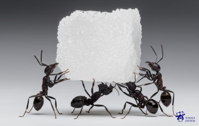Un grupo de hormigas cargando un gran terrón de azúcar. Una hormiga se aferra al terrón, resistiéndose a avanzar, mientras las otras tiran de ella con frustración. Representa: Un copropietario de un inmueble se niega a pagar el impuesto inmobiliario de la propiedad. Los otros copropietarios lo demandan para que cumpla con su parte del pago. El propietario se opone.