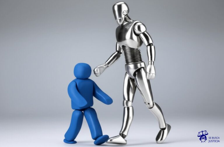 Un pequeño muñeco de plastilina, torpemente modelado, intentando detener a un enorme robot plateado y pulido con forma humana, que lo ignora olímpicamente mientras camina. Representa: Un diseñador de videojuegos alega que su personaje principal, con un diseño y una historia únicos, ha sido copiado por un juego de gran presupuesto, violando los derechos de autor del personaje.