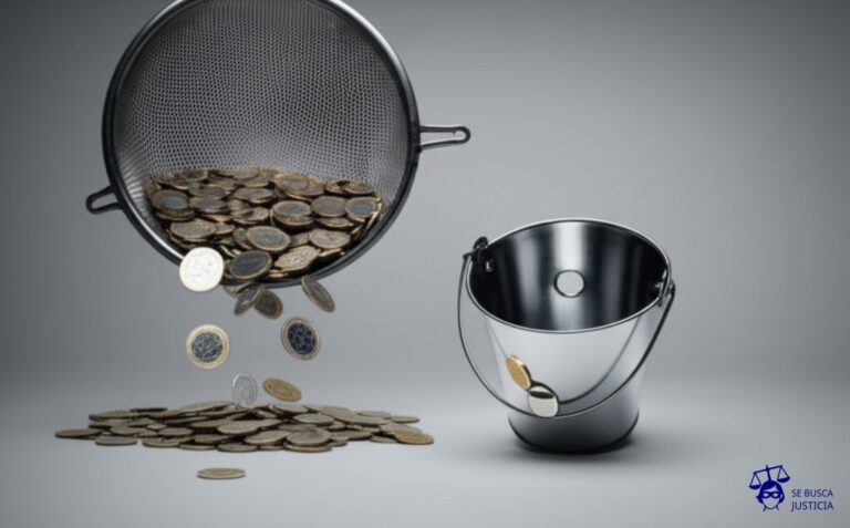 Un colador oxidado con agujeros enormes, lleno de monedas que se escapan lentamente por todos lados, y al lado, un balde vacío con un agujero en el fondo. Representa: Un empleado bancario modifica un registro informático para transferir fondos a una cuenta externa. El sistema de auditoría interna detecta la anomalía semanas después, pero el dinero ya fue retirado en múltiples transacciones fraccionadas, dificultando el rastreo de su destino final. La defensa argumenta que la tecnología obsoleta del banco contribuyó al delito.