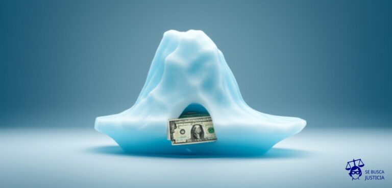 Un iceberg visiblemente pequeño, con un agujero grande en la parte sumergida, del cual salen billetes de dólar. Representa: Un empleado de una empresa de seguros falsifica informes de siniestros para robar dinero de la compañía. La fiscalía lo acusa de estafa y falsificación de documento. La defensa alega que el empleado actuó bajo un estado de estrés financiero extremo, con una necesidad apremiante de dinero para pagar deudas de juego, y que el fraude era un plan desesperado y no una empresa criminal consolidada.