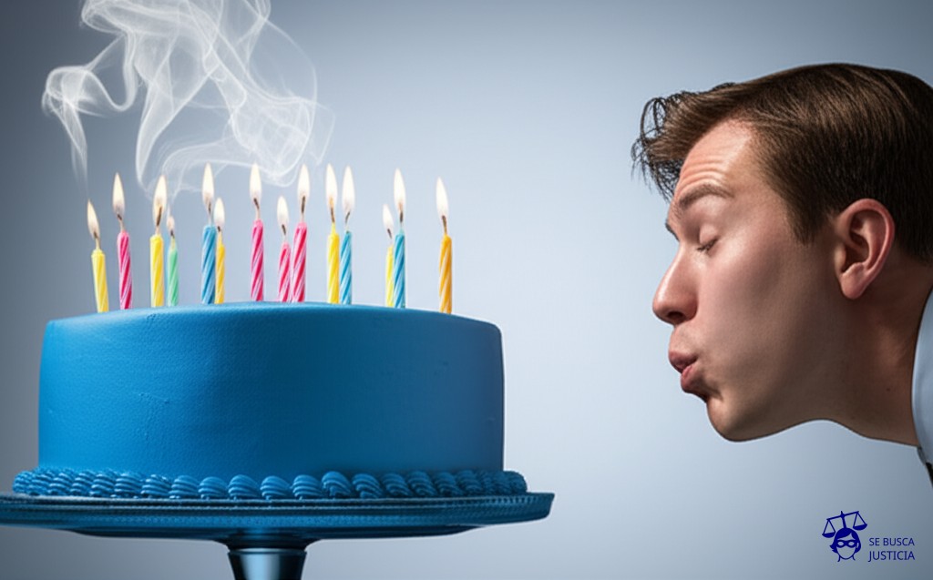 Un gran pastel de cumpleaños (el servidor) con velas encendidas (archivos). Alguien (el empleado) sopla con fuerza, apagando todas las velas de un soplo. El pastel sigue intacto pero oscurecido. Representa: Un empleado de una empresa de tecnología, tras ser despedido, borra de forma remota archivos clave del servidor de la compañía, causando un daño económico significativo. La acusación lo imputa por daño informático. La defensa argumenta que los archivos borrados eran de su propia autoría y no pertenecían a la empresa, y que el despido injustificado lo llevó a un estado de emoción violenta.