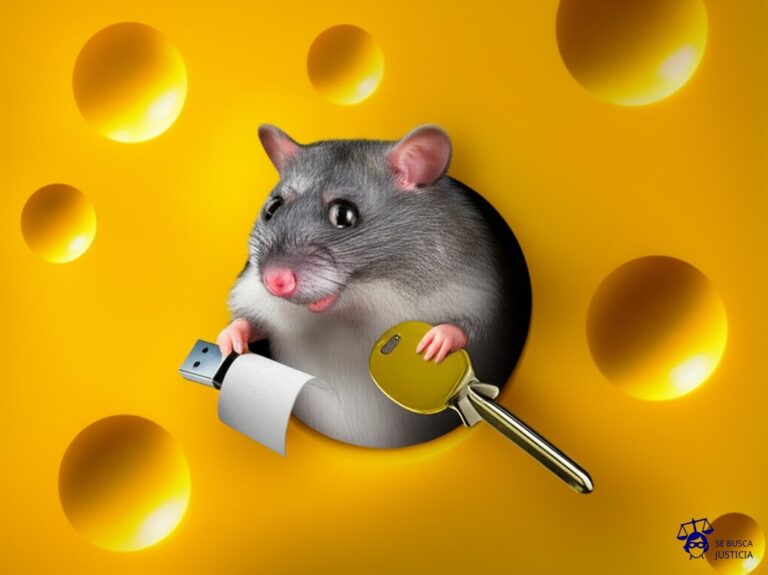 Un agujero en un queso suizo, con un ratón gordo y satisfecho saliendo por el agujero, llevando en sus patitas una llave USB y un rollo de papel. Representa: Un empleado de una empresa farmacéutica roba una fórmula secreta para venderla a la competencia. El hurto se configura al sustraer documentos físicos y archivos digitales. La defensa alega que la fórmula no estaba protegida por derechos de autor y que la empresa había descuidado sus protocolos de seguridad, facilitando la sustracción.