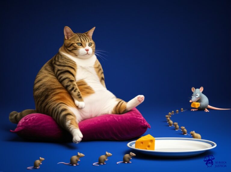 Un gato gordo y satisfecho (el escultor) sentado en un cojín de terciopelo, con una fila de pequeños ratones de juguete (las réplicas) saliendo de su plato de comida, mientras un ratón grande (la compañía de souvenirs) huye con un puñado de queso. Representa: Un escultor demanda a una compañía de souvenirs por vender réplicas en miniatura de su obra más famosa sin su consentimiento, infringiendo los derechos de autor de la escultura original y los derechos de reproducción.