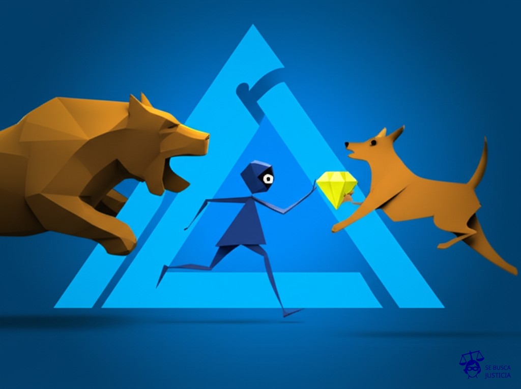 Un ladrón (representado por una forma geométrica simple, como un triángulo) intentando huir con una joya (un círculo) mientras es perseguido por un gran perro guardián (un cuadrado robusto). Representa: Un estudio de animación demanda a una productora por usar un personaje de su creación en una serie de televisión, después de que el personaje se filtró en un portafolio de un animador, sin permiso del estudio.