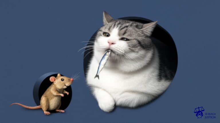 Un gato obeso (el periódico) atragantándose con una pequeña sardina (la foto) mientras un ratón diminuto (el fotógrafo) lo observa con una sonrisa irónica desde un agujero en la pared. Representa: Un fotógrafo demanda a un periódico por usar una de sus fotografías en un reportaje sin su consentimiento y sin pagarle, después de haberla descargado de un banco de imágenes sin licencia.