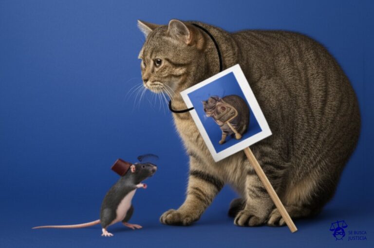 Un diminuto ratón, con un gorro de fotógrafo, persigue a un gigantesco gato obeso, que lleva un cartel publicitario con una foto del ratón en su collar. Representa: Un fotógrafo demanda a una empresa de publicidad por utilizar una de sus fotos en una campaña global sin su permiso, después de haberla descargado de una cuenta de Instagram sin atribución ni pago.