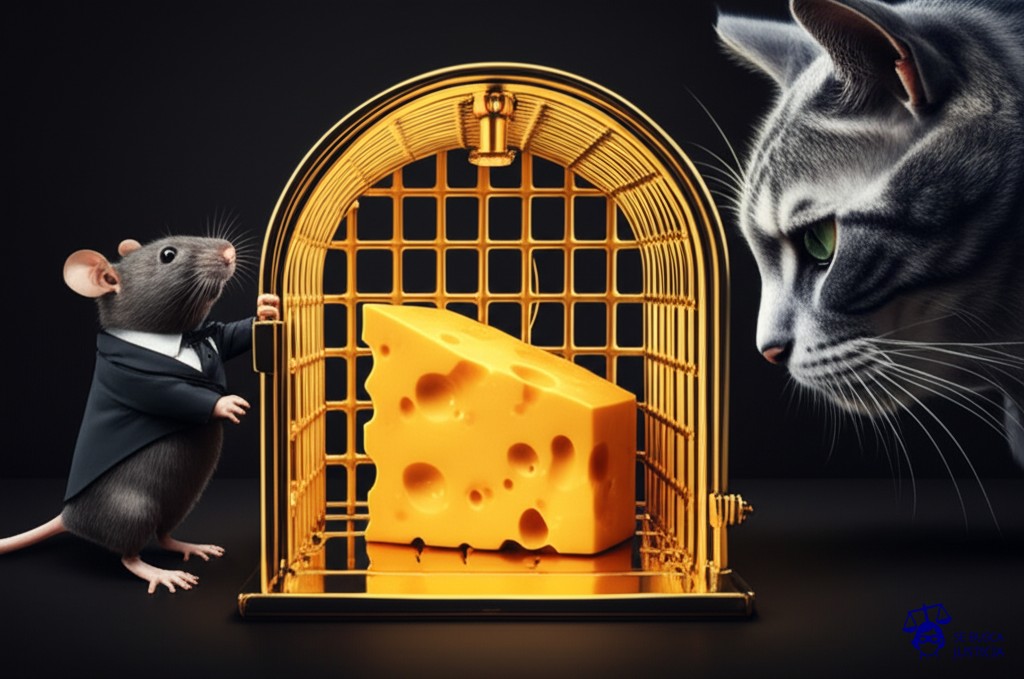 Un ratón (el blog) con un traje de etiqueta, intentando robar un gran queso (las fotos) de una ratonera dorada y lujosa (el estudio del fotógrafo), mientras un gato (el fotógrafo) con mirada de desprecio observa la escena. Representa: Un fotógrafo profesional demanda a un blog de viajes por usar varias de sus fotografías sin su autorización, violando los derechos de autor y sin compensación económica o atribución, después de encontrarlas en un sitio web.