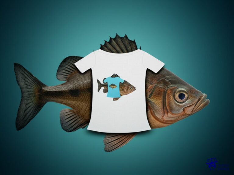 Un pequeño pez (fotógrafo) siendo tragado por un pez mucho más grande (la marca de ropa), con el pez grande luciendo una camiseta con la imagen del pez pequeño pegada en su costado. Representa: Un fotógrafo profesional demanda a una marca de ropa por usar una de sus fotografías en una línea de camisetas, sin su consentimiento y sin pagarle, después de encontrarla en un banco de imágenes.
