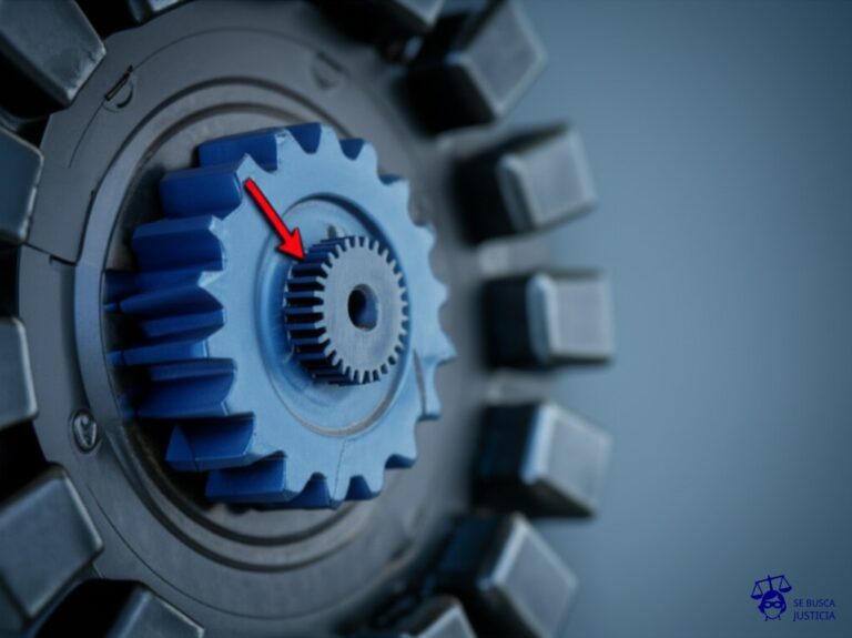 Un pequeño engranaje (el funcionario) atascado en un mecanismo gigante y complejo, con una flecha que lo señala. El engranaje está pintado con un color diferente al resto del mecanismo y tiene una pequeña grieta. Representa: Un funcionario de aduanas permite el ingreso de mercancía de contrabando a cambio de un pago. Es descubierto por una auditoría interna. La fiscalía lo acusa de cohecho y contrabando. La defensa argumenta que el funcionario solo fue un engranaje menor en una red criminal mucho más grande y que fue coaccionado para participar en los actos ilícitos. La acusación sostiene que su participación fue indispensable y consciente.