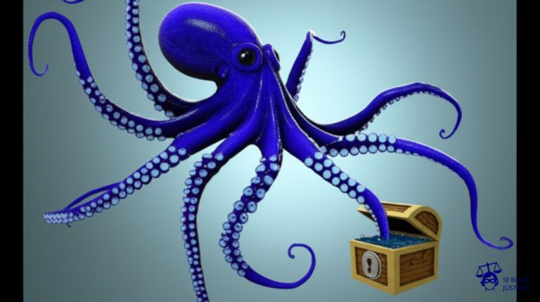 Un pulpo con tentáculos que se extienden hacia un cofre del tesoro. Cada tentáculo pasa por un laberinto de tuberías retorcidas y desemboca en una caja fuerte con cerradura. La caja fuerte está flotando en un mar turbio. Representa: Un funcionario público recibe un soborno de una empresa a cambio de adjudicarle un contrato estatal. La transacción se realiza a través de una compleja red de empresas fantasma y cuentas en el extranjero. La investigación se complica por la falta de tratados de cooperación internacional con los países involucrados en la triangulación financiera.