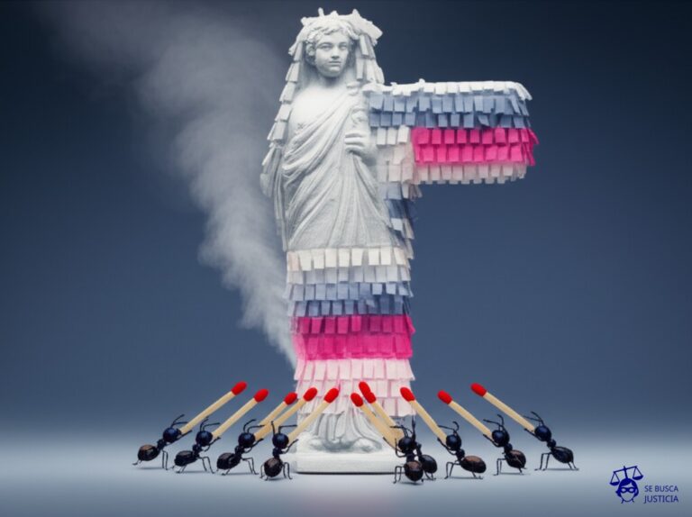 Un grupo de hormigas (jóvenes) llevando palitos de fósforos encendidos (redes sociales) hacia una piñata gigante con forma de estatua antigua (patrimonio público), mientras una nube de humo (presión de grupo y falta de discernimiento) se expande alrededor. Representa: Un grupo de jóvenes, bajo la influencia de las redes sociales, comete actos de vandalismo en un parque público, destruyendo mobiliario y causando daños a estatuas históricas. La fiscalía los acusa de daño agravado. La defensa alega que los jóvenes solo siguieron una 'tendencia' de internet, sin un verdadero dolo de dañar el patrimonio público, y que su comportamiento es resultado de la presión de grupo y la falta de discernimiento.