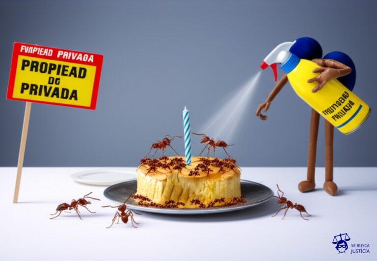 Un pastelito (el edificio) con una vela apagada (abandonado) siendo devorado por hormigas (los ocupantes). Un insecticida (la policía) rocía el pastelito, y las hormigas caen al suelo (desalojo). Algunas hormigas, aún en pie, apuntan con sus antenas a un plato vacío (falta de vivienda). Una hormiga gigante (la fiscalía) señala con su pata a un cartel que dice PROPIEDAD PRIVADA. Representa: Un grupo de personas se apodera de un edificio abandonado y lo ocupa de manera permanente. La policía los desaloja y son imputados por usurpación. La defensa alega que el edificio llevaba años abandonado y que los ocupantes no tenían dónde vivir, invocando un estado de necesidad para justificar su acción. La fiscalía argumenta que la falta de vivienda no justifica la toma ilegal de propiedad privada.