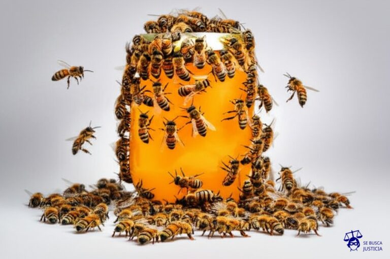 Un enjambre de abejas (personas) irrumpe en un tarro de miel (tienda). Algunas abejas ya están dentro, rebozándose. Las abejas que llegan se empujan y se amontonan en la entrada. Representa: Un grupo de personas se organiza para realizar un saqueo en una tienda durante un desorden público. La fiscalía los acusa de asociación ilícita para delinquir y robo en poblado y en banda. La defensa argumenta que la situación se dio de forma espontánea, sin una planificación previa, y que no existía una organización criminal detrás de los actos, sino un oportunismo generalizado.