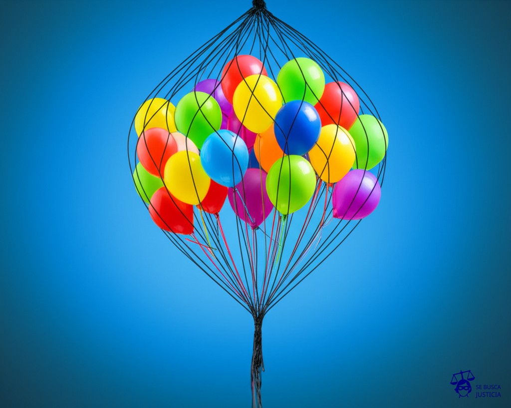 Un grupo de globos inflados (representando personas) flotando alegremente en el aire, conectados a un grupo de pajitas (representando la droga). De repente, una gran red (representando la policía) los atrapa y los baja al suelo. Representa: Un grupo de personas se reúne en la vía pública para consumir drogas. La policía los detiene y los acusa de tenencia y consumo de estupefacientes en un lugar público. La defensa argumenta que el consumo de drogas es una decisión de la esfera privada de la persona y que no pone en riesgo a terceros, por lo que su criminalización es inconstitucional. La acusación sostiene que la tenencia y el consumo son delitos en sí mismos.