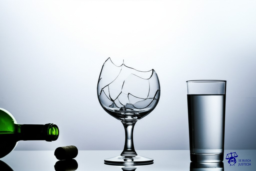 Un vaso de cristal roto en mil pedazos, con un corcho de botella de vino a un lado y un vaso de agua intacto al otro. Representa: Un hombre y una mujer, tras una noche de copas, tienen relaciones sexuales. Al día siguiente, la mujer denuncia violación, alegando que estaba en estado de inconsciencia y no pudo consentir. El hombre sostiene que el acto fue consentido. La defensa solicita pruebas periciales para determinar el grado de lucidez de la víctima en ese momento y cuestiona la credibilidad del testimonio.