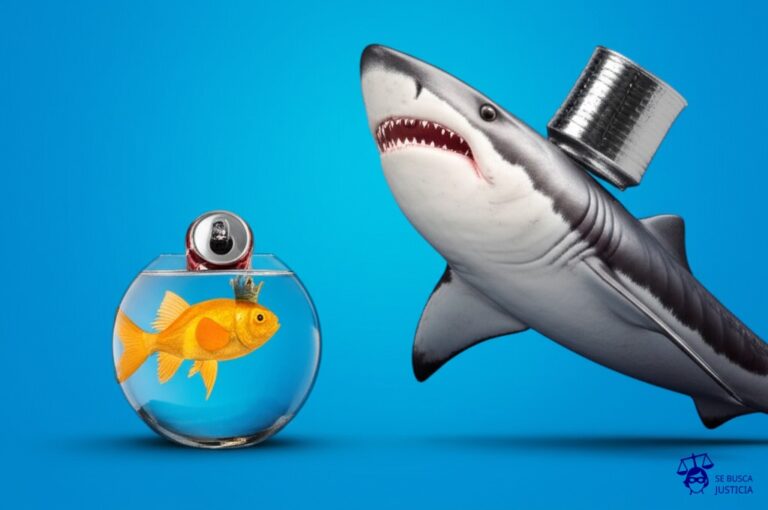 Un pequeño pez dorado (el ilustrador) dentro de una pecera diminuta, observando a un enorme tiburón de plástico (la marca de refrescos) nadando despreocupadamente en un océano de burbujas de refresco. El tiburón lleva una corona improvisada con una lata vacía de refresco. Representa: Un ilustrador descubre que su obra ha sido utilizada en un anuncio de televisión de una marca de refrescos, sin su permiso y sin la atribución debida, lo que viola sus derechos de autor.