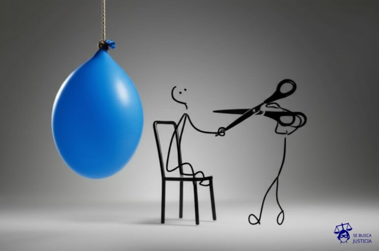 Un globo inflado a medias (la víctima) atado a una silla con una cuerda floja. Un individuo (representado por un garabato simple con una mano extendida) intenta tirar de la cuerda. Un grupo de tijeras (la policía) corta la cuerda antes de que el garabato pueda tirar del globo. Representa: Un individuo secuestra a una persona y exige un rescate a la familia. La policía logra rescatar a la víctima y detener al secuestrador antes de que se pague el dinero. La acusación tipifica el delito de secuestro extorsivo. La defensa busca una reducción de la pena argumentando que no se consumó el pago del rescate y que la víctima no sufrió daños físicos graves, a pesar del trauma psicológico.