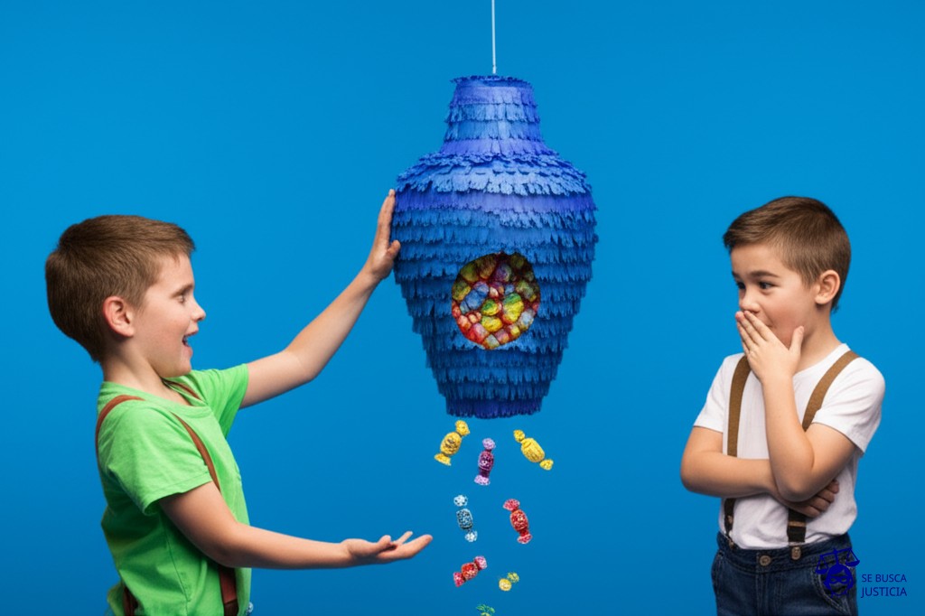 Un gran agujero en una piñata llena de caramelos (representando datos sensibles), con un niño (el informático) a un lado, con una mano extendida hacia los caramelos que caen, y otro niño (la institución) al otro lado, intentando tapar el agujero con un dedo, con la cara de sorpresa. Representa: Un informático accede sin autorización a los sistemas de una institución gubernamental y filtra información confidencial a los medios de comunicación. La acusación lo imputa por un delito de revelación de secretos y espionaje informático. El imputado se defiende bajo la figura de 'denunciante de irregularidades', argumentando que la información revelada era de interés público y exponía actos de corrupción.