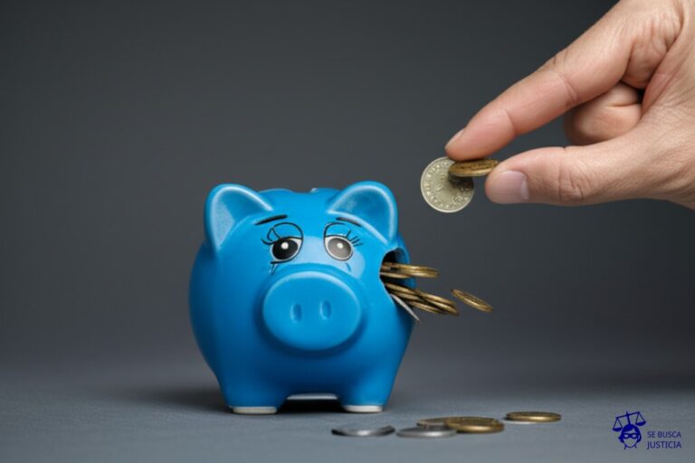 Un gran agujero en una alcancía (la propiedad) con monedas (el depósito de garantía) saliendo por él, y un pequeño puñado de monedas (la diferencia) siendo perseguido por un brazo extendido (el propietario). Representa: Un inquilino causa daños graves en una propiedad alquilada y se niega a pagar la reparación. El propietario utiliza el depósito de garantía y le reclama la diferencia al inquilino.