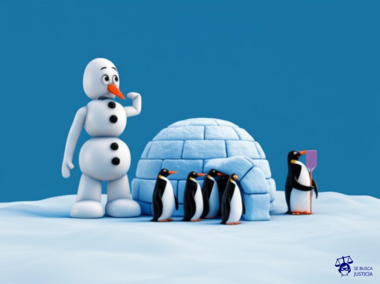 Un muñeco de nieve (el dueño) observa con sorpresa y enfado cómo un pequeño iglú (la propiedad) ha sido ocupado por un grupo de pingüinos (los subarrendatarios), mientras que un muñeco de nieve más pequeño (el inquilino) intenta esconderse detrás de un poste de helado, con una pala en la mano y una mueca de culpabilidad. Representa: Un inquilino de una propiedad alquila la vivienda a un tercero sin la autorización del dueño. El dueño descubre la situación y demanda al inquilino por incumplimiento del contrato.