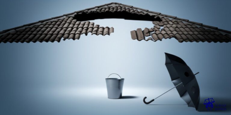 Un gran agujero en el techo de una casa (la propiedad comercial). Debajo del agujero, un balde (el alquiler) completamente vacío. Al lado del balde, un paraguas (el inquilino) inclinado, sin usar, con un agujero. Representa: Un inquilino de una propiedad con fines comerciales se niega a pagar el alquiler. El propietario lo demanda por falta de pago, pero el inquilino alega que el dueño no tenía los permisos.