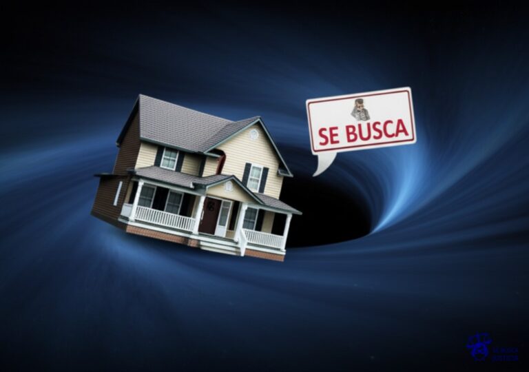 Un agujero negro tragándose una casa, con un cartel de Se busca flotando cerca. Representa: Un inquilino no abona el alquiler durante varios meses. El propietario busca iniciar un proceso de desalojo y cobro de la deuda, pero no puede ubicar al inquilino para notificarlo.