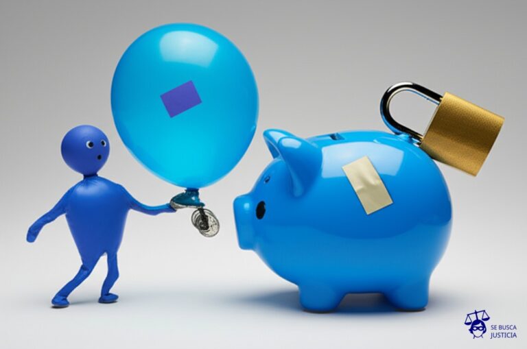 Un globo desinflado (el inquilino) intentando agarrar monedas (el dinero) que están en el interior de una alcancía (el propietario) que está cerrada y encima tiene un candado. El globo está rasgado y tiene un parche. Representa: Un inquilino que se fue de la propiedad a mitad del contrato reclama la devolución de los meses restantes. El propietario le niega la devolución y le reclama una compensación por la rescisión.