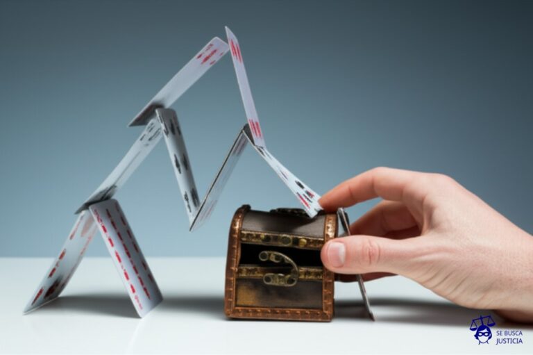 Un castillo de naipes precariamente construido, con una grieta en la base, colapsando parcialmente sobre un pequeño cofre del tesoro (representando la vivienda) mientras una mano (el propietario) intenta desesperadamente sostenerlo. Representa: Un inquilino que subalquila sin autorización tiene un accidente grave en la vivienda, pero la aseguradora del inmueble se niega a pagar la reparación. El propietario se encuentra con un problema.