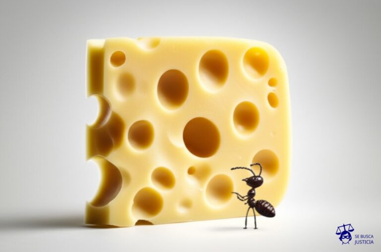 Un gran queso suizo (la propiedad) con agujeros enormes y desordenados (las modificaciones) y una pequeña hormiga (el inquilino) señalando inocentemente hacia el daño. Representa: Un inquilino realiza modificaciones importantes en la estructura de la propiedad alquilada sin el permiso del dueño, causando un daño irreparable. El propietario reclama los costos de la reparación.