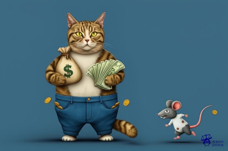 Un gato gordo (propietario) con una bolsa de dinero, persiguiendo a un ratón flaco (inquilino) que corre desesperado, con agujeros en los bolsillos de donde caen monedas. Representa: Un inquilino se niega a pagar el alquiler por considerar que el aumento fue injustificado. El propietario lo demanda por falta de pago y le reclama los meses que el inquilino no abonó.