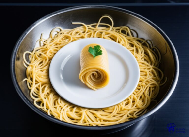 Un gran plato hondo (representando la empresa) lleno de espaguetis (representando un sistema de carga inalámbrica genérico). Encima, un pequeño plato individual (representando al inventor) con un solo espagueti, perfectamente enrollado y adornado con una pequeña hoja de perejil (representando la patente única). Representa: Un inventor alega que una empresa de electrónica ha infringido su patente de un sistema de carga inalámbrica, que se distingue por una alta eficiencia de carga y un diseño único.