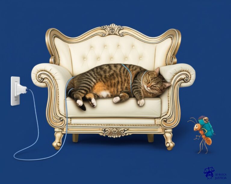 Un gato obeso, cómodamente echado en un sofá de lujo, siendo cargado por un cable fino y endeble que sale de un enchufe en la pared. A su lado, una hormiga diminuta, con una mochila pesada, intentando inútilmente levantar el sofá. Representa: Un inventor alega que una empresa de tecnología ha infringido su patente de un sistema de carga inalámbrica, que se distingue por su alta eficiencia y su capacidad de carga a distancia.