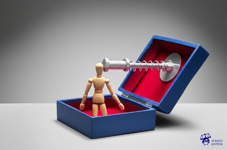 Una caja de Pandora abierta, de la que sale un resorte gigante que golpea un muñeco de prueba. Representa: Un médico cirujano realiza una operación sin el consentimiento informado adecuado del paciente. Durante el procedimiento, ocurre una complicación no anticipada que causa una lesión permanente. La defensa sostiene que el consentimiento verbal fue suficiente y que la complicación era un riesgo inherente y conocido en la práctica médica, no resultado de una negligencia.