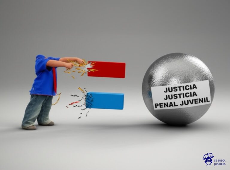 Un pequeño imán intentando atraer una pesada bola de acero, con un letrero que dice Justicia Penal Juvenil en el suelo. Representa: Un menor de 16 años comete un hurto en una tienda departamental. El sistema de seguridad lo graba y es aprehendido. Debido a su edad, se inicia un proceso penal juvenil. La defensa se centra en la vulnerabilidad social del menor y busca medidas alternativas a la privación de libertad, como la reeducación y la asistencia social, en lugar de una sanción punitiva.