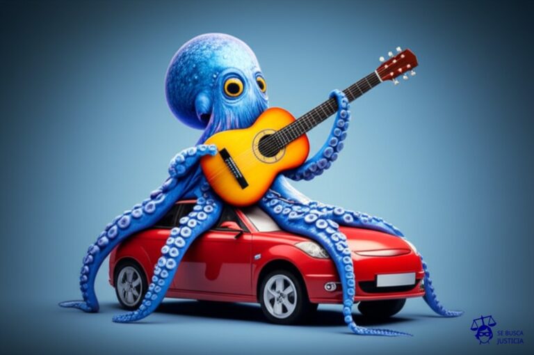 Un pulpo con una guitarra en cada tentáculo, intentando estrangular un coche. Representa: Un músico demanda a una marca de automóviles por usar un riff de guitarra distintivo de una de sus canciones en un anuncio, asociando la música a la marca sin permiso ni compensación, violando los derechos de autor.