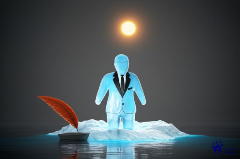 Un gran iceberg, con la forma de un alto funcionario en traje, se está derritiendo rápidamente bajo el sol. Un pequeño barco, con forma de pluma, navega cerca, aparentemente responsable del calor. Representa: Un periodista publica una investigación que expone la supuesta corrupción de un alto funcionario público, utilizando documentos y testimonios anónimos. El funcionario lo denuncia por calumnias e injurias. La defensa del periodista se basa en la doctrina de la real malicia, argumentando que actuó en el ejercicio de su profesión y con un claro interés público, sin intención de dañar la reputación del funcionario.