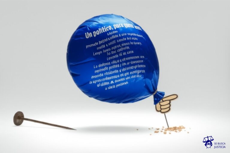Un globo inflado con la forma de un pastel, con una etiqueta que dice Fondos Públicos, siendo pinchado por una aguja con la forma de una promesa, y luego, en el suelo, solo quedan migajas y la aguja oxidada. Representa: Un político, para ganar una elección, promete fondos públicos a una organización social a cambio de su apoyo. Luego de ganar, no cumple la promesa. La fiscalía lo acusa de cohecho. La defensa alega que la promesa era una expresión política y no un acuerdo vinculante, y que no hubo intercambio de dinero o bienes, lo que no configura el delito de cohecho, sino solo una falta a la ética política.