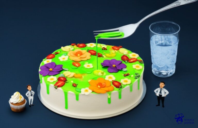 Un gran pastel decorado con flores y frutas brillantes (el campo cultivado). De la torta, un chorro de líquido verde brillante (agroquímicos) se derrama, fluyendo hacia un vaso de agua cristalina (el río/fuente de agua). Un tenedor elegante (la fiscalía) apunta al pastel. Un trozo de pastel (el productor) se encoge de hombros, mirando a un cupcake pequeño y adornado (el agrónomo). Representa: Un productor agrícola utiliza agroquímicos prohibidos por la ley, contaminando un curso de agua que abastece a varias comunidades. La fiscalía acusa de delito ambiental. El productor alega desconocimiento de la normativa y que los productos fueron recomendados por un agrónomo matriculado. La defensa se centra en la falta de dolo y la posible responsabilidad del profesional que lo asesoró.