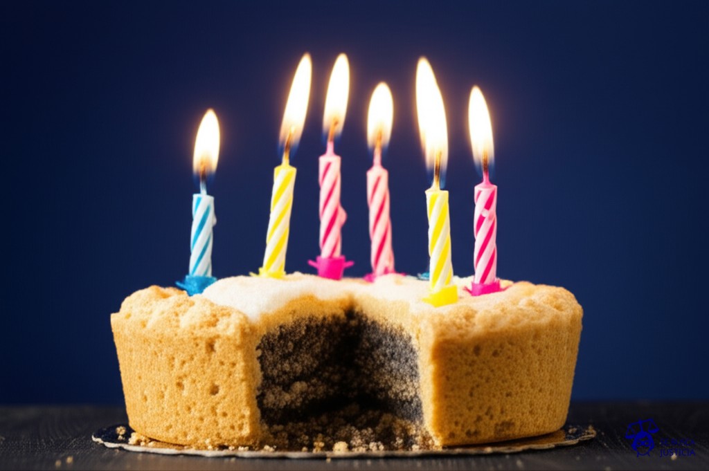 Un pastel de cumpleaños con velas encendidas, pero al cortarlo, en vez de bizcocho, sale un montón de migas secas y descoloridas. Representa: Un profesor de una escuela privada, con el fin de mejorar sus notas, falsifica las calificaciones de sus alumnos. La falsificación se descubre durante una auditoría. La acusación lo imputa por falsificación de documento público. La defensa argumenta que no hubo un daño real a los alumnos, ya que las notas eran para beneficiarlos, y que su intención no era defraudar a la institución, sino ayudarlos a progresar.