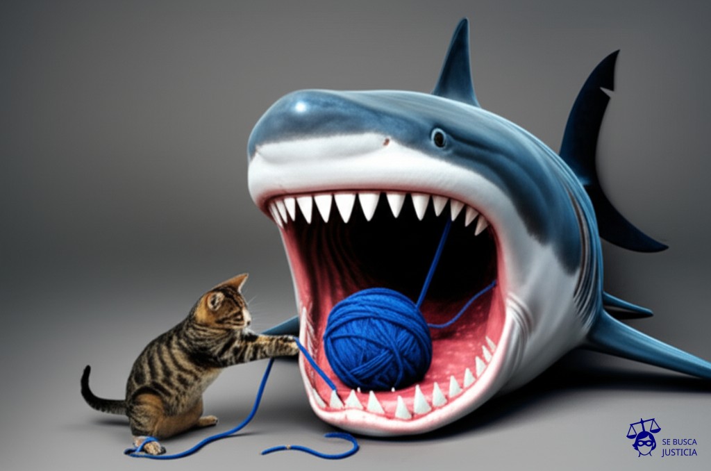 Un gato (el programador) intentando desesperadamente recuperar un ovillo de lana (el código) que una gran y hambrienta boca de tiburón (la empresa) se está tragando. Representa: Un programador freelance demanda a una empresa de software por no haberle pagado los derechos de uso completo del código que creó, y la empresa ha lanzado el software sin su autorización.