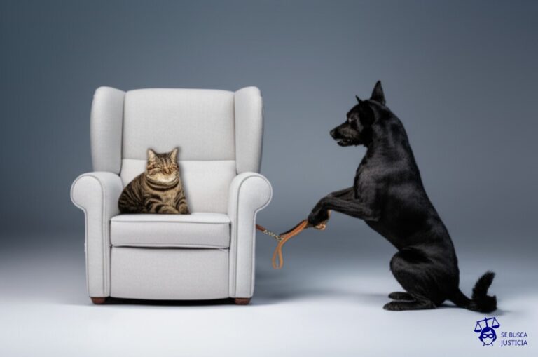 Un gato (inquilino) cómodamente sentado en un sillón (vivienda). Un perro (propietario), desesperado y con la correa en la mano, intenta inútilmente tirar del sillón, sin lograr moverlo. Representa: Un propietario intenta desalojar a un inquilino sin causa legal justificada, sin respetar los plazos y las notificaciones requeridas por la ley. El inquilino se opone a un desalojo ilegal.